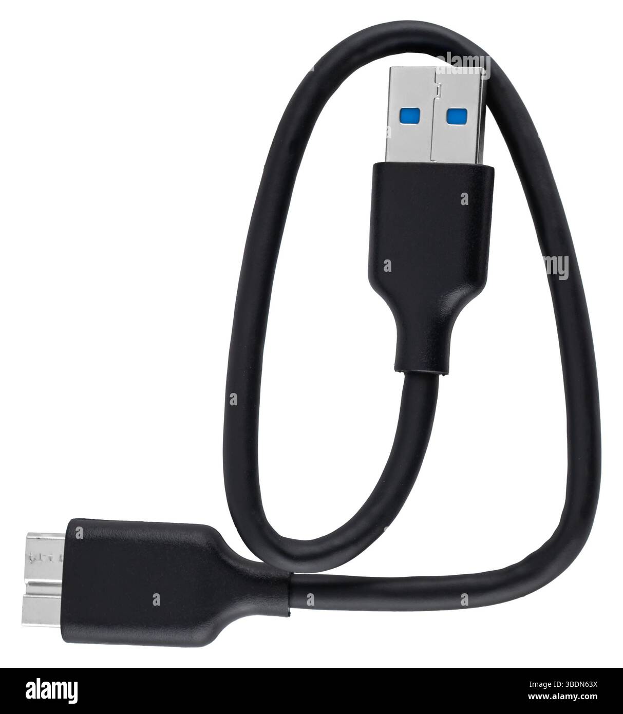 Schwarzes USB 3,0 Micro- und USB 3,0-Kabel, flexibel und abriebfest. Stockfoto