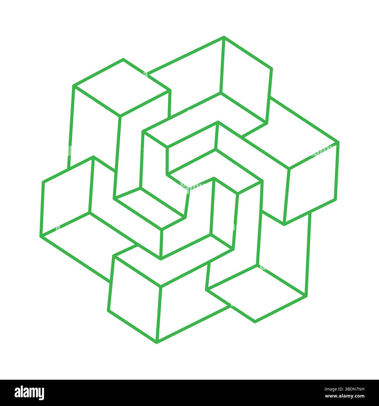 Escher-Paradoxie-Geometrie. Optische Illusionsobjekte. Heilige geometrische Figuren. Optische Kunst. Unmögliche Formen. Stock Vektor