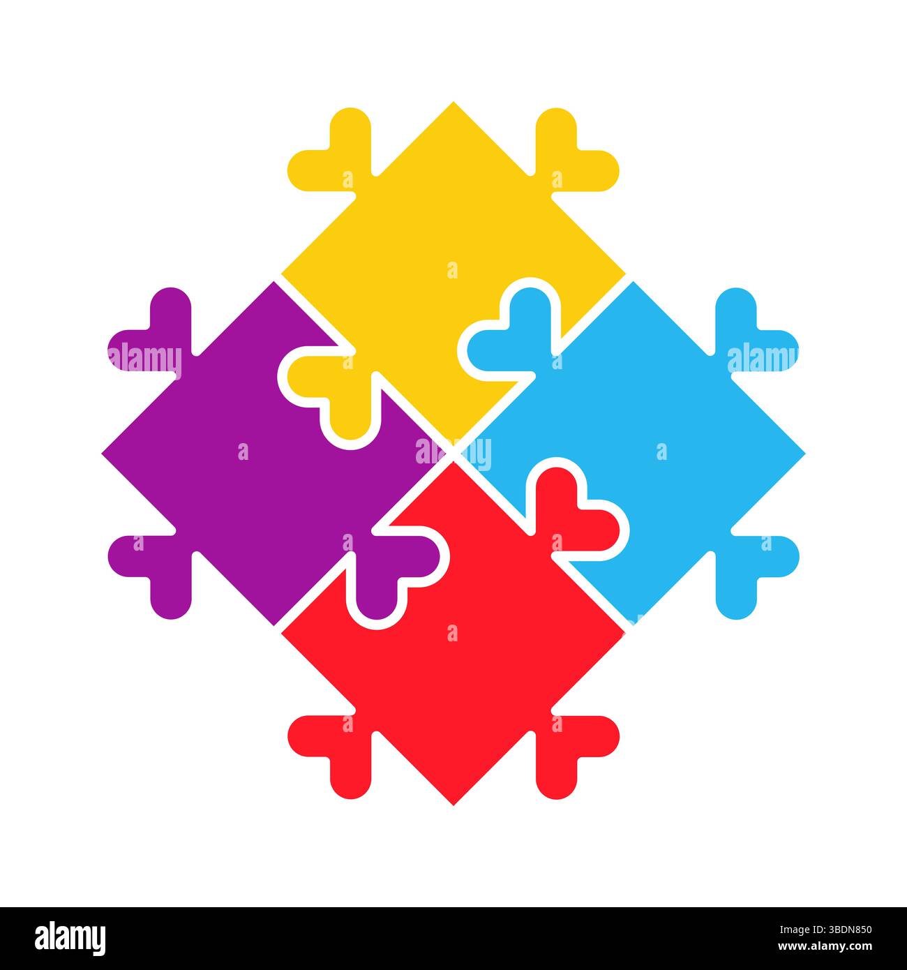 Illustration Des Autismus-Awareness-Puzzle-Symbols. Vier farbige, ineinander greifende Puzzleteile, die in einer Rautenform angeordnet sind und das Bewusstsein für Autismus darstellen. Stock Vektor