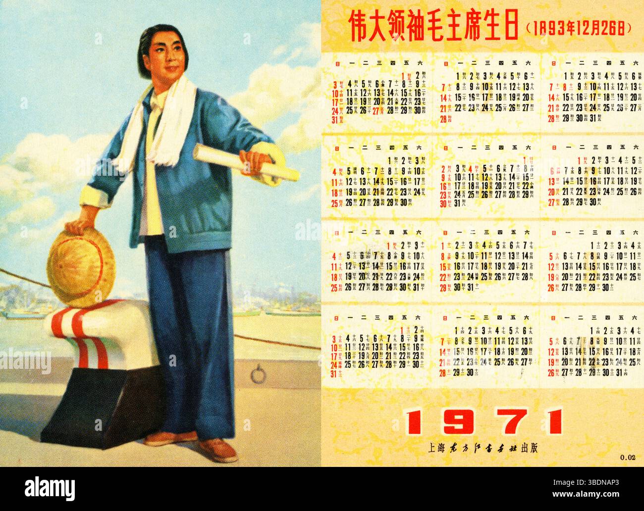 1971 Chinesisches Kalenderplakat zum Geburtstag des Vorsitzenden des Großen Führers Mao – kulturelle Revolution Dock-Worker Illustration Stockfoto