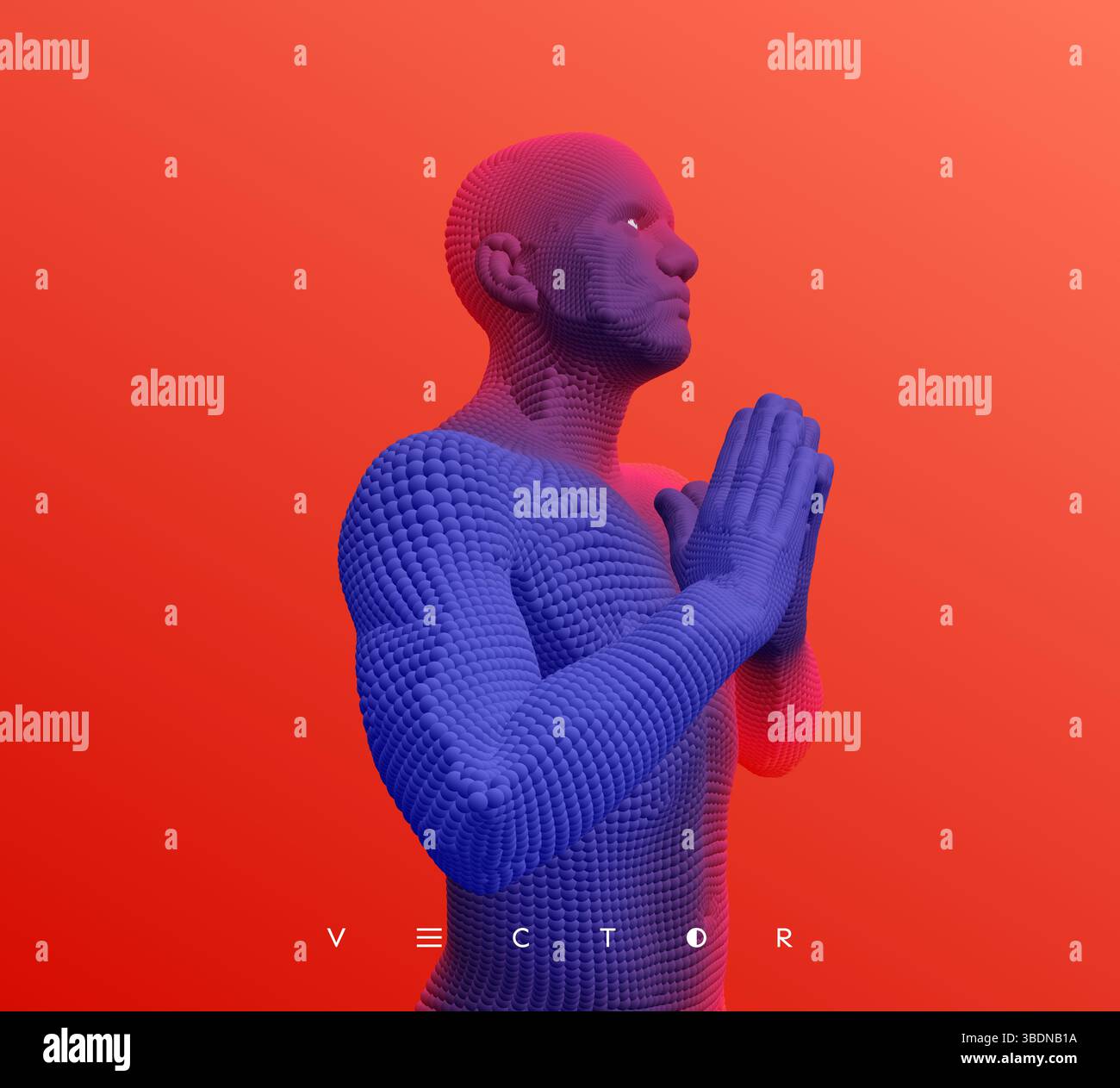 Mann, der betet. Hände in Gebetsposition. Gebet zu Gott mit Glauben und Hoffnung. Konzept für Religion, Anbetung, Liebe und Spiritualität. 3D-Vektorillustrat Stock Vektor