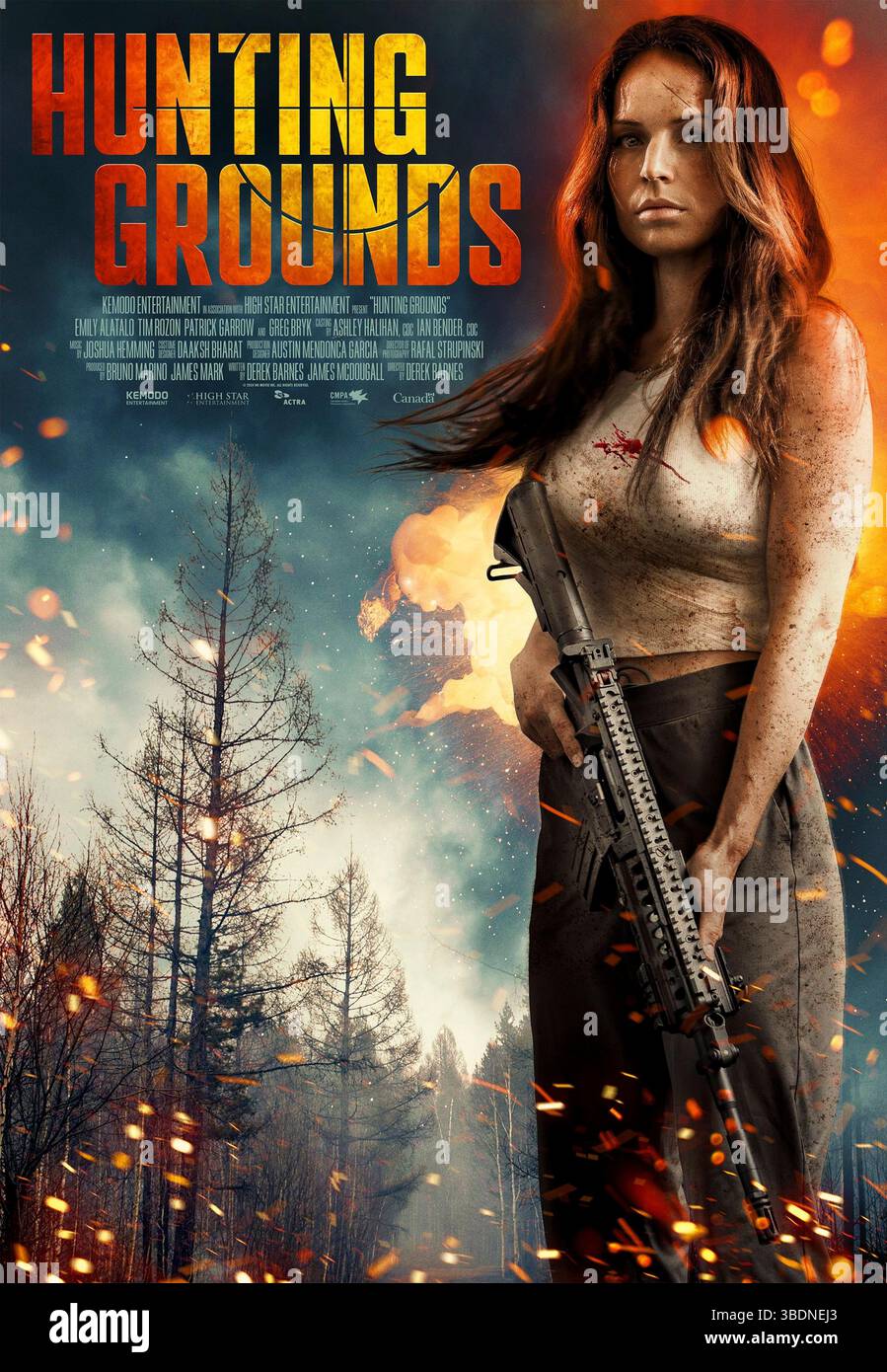 Jagdgründe (2025) von Derek Barnes mit Emily Alatalo, Tim Rozon und Jon McLaren. Chloe Marvino ist verzweifelt auf der Suche nach Zuflucht für ihre Kinder, rennt vor ihrem Mann, der an die Mafia gebunden ist, und findet in einer Hütte mit einem Einsiedler namens Jake Zuflucht. Als die Männer ihres Mannes näher kommen, erweist sich Jake als gefährlicher als jeder andere, vor dem sie weglaufen ist. US-Poster NUR FÜR REDAKTIONELLE ZWECKE. Quelle: BFA / Quiver Distribution Stockfoto