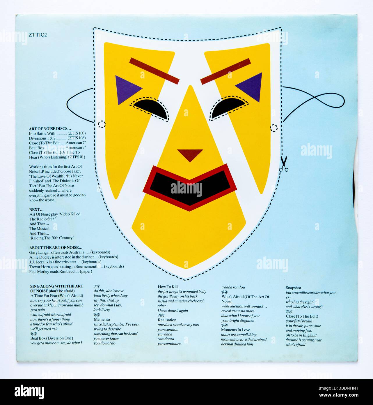 Inner Sleeve von Who’s Feed of the Art of Noise, dem Debütalbum der englischen Synthie-Pop-Band The Art of Noise, das 1984 veröffentlicht wurde Stockfoto