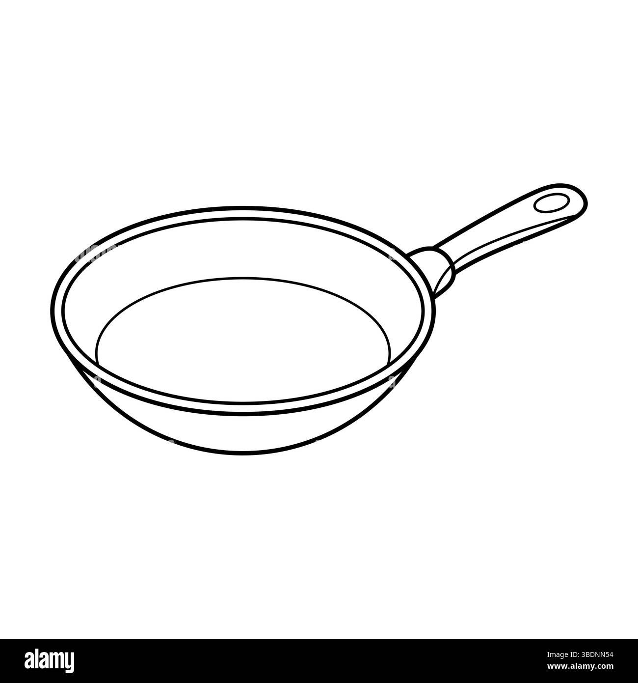 Umrissdarstellung Der Bratpfanne. Eine runde Pfanne mit einer glatten, abgerundeten Kante und einem langen Griff mit einer kleinen Schlaufe am Ende, ideal zum Aufhängen. Stock Vektor