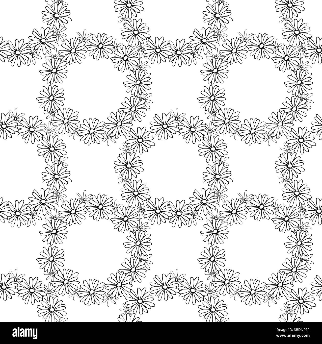 Ein Haufen Gänseblümchen, angeordnet in einem ordentlichen, kreisförmigen Muster. Jede Blume ist mit feinen Linien gezeichnet, die ihnen eine einfache und minimalistische Atmosphäre verleihen Stock Vektor