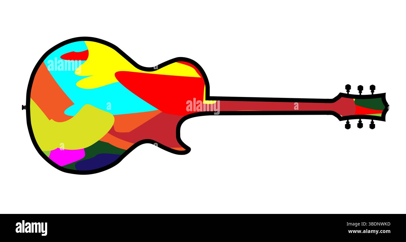 Traditionelle Silhouetten in Gitarrenform isoliert auf weißem Hintergrund mit abstraktem Farbklecksel-Hintergrund Stockfoto