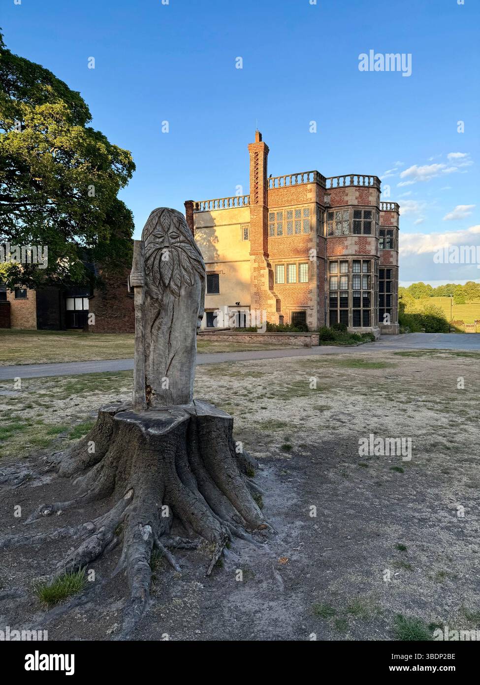 Astley Hall im Astley Park mit Schnitzereien von grünem Mann im Vordergrund, Chorley Stockfoto