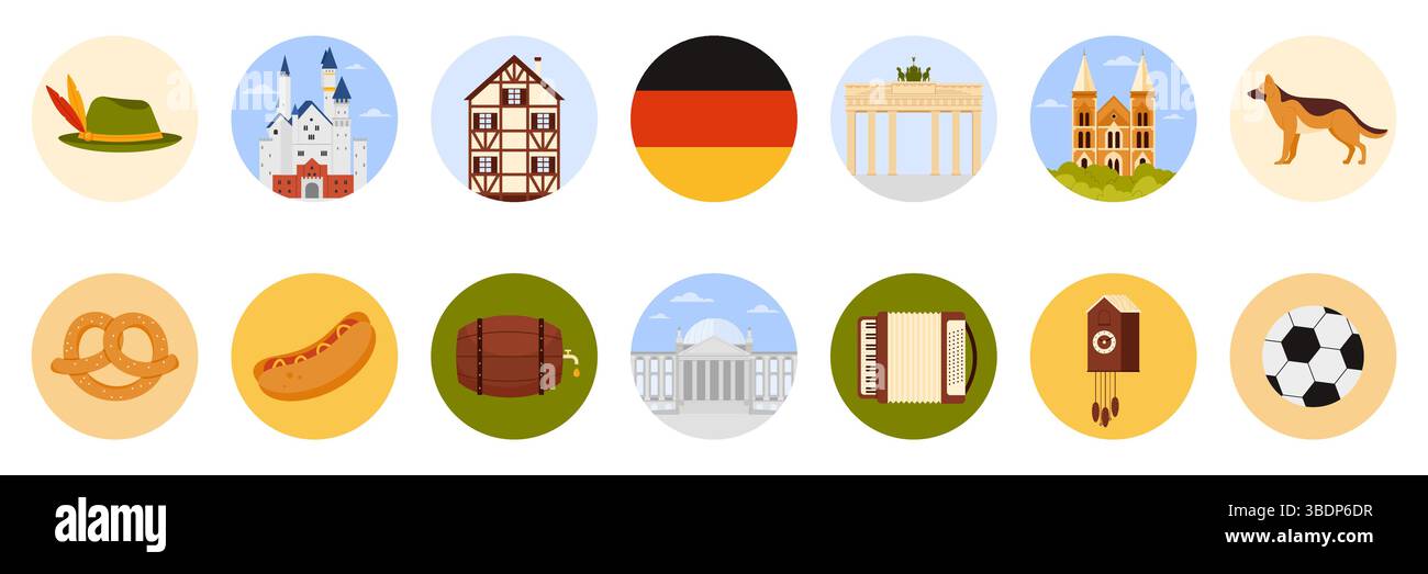 Reisen Sie nach Deutschland Set mit runden Aufklebern mit deutschen Kulturelementen, Sehenswürdigkeiten und Speisen. Flagge und Schloss Neuschwanstein, Schäferhund und Wurst des Oktoberfestfestfestfestes Cartoon Vektor Illustration Stock Vektor