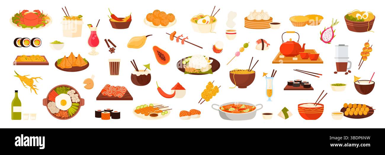 Street Food und Getränke der asiatischen Küche Set. Koreanischer Bibimbap-Topf und thailändische tom Yum-Suppe, chinesische Dim Sum und indische Samosa, malaysischer gebratener Reis, japanische Fisch-Sushi-Karikaturvektorillustration Stock Vektor