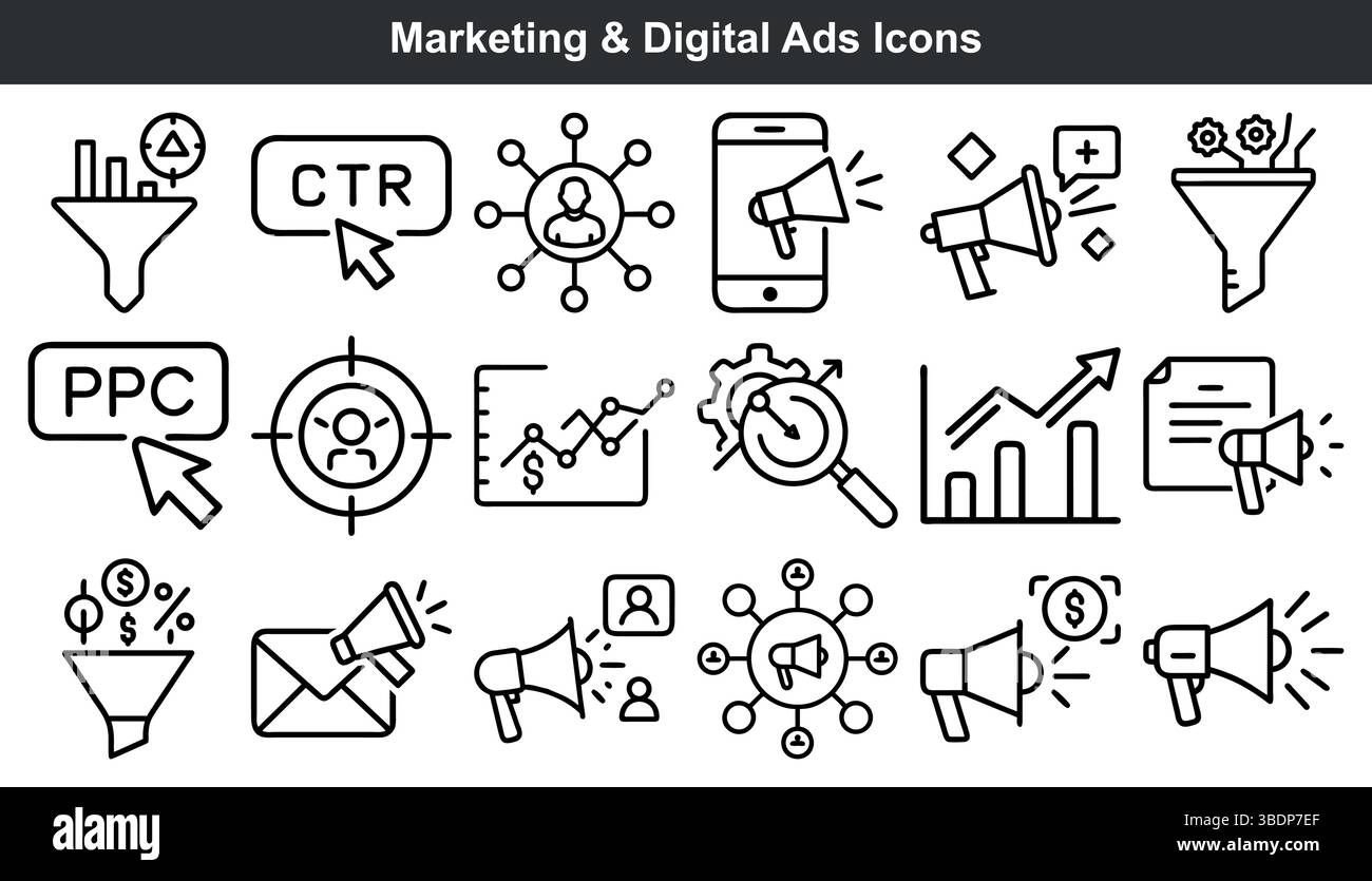 Symbole für digitale Werbeanzeigen für das Marketing setzen Zeilengrafiken Stock Vektor