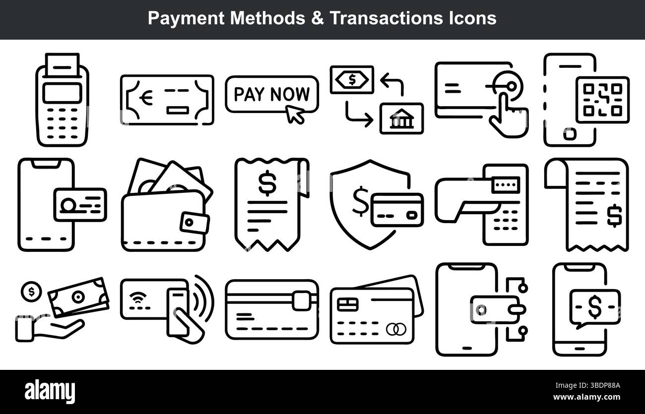 Symbole für Zahlungsarten Transaktionen legen die Strichgrafik fest Stock Vektor