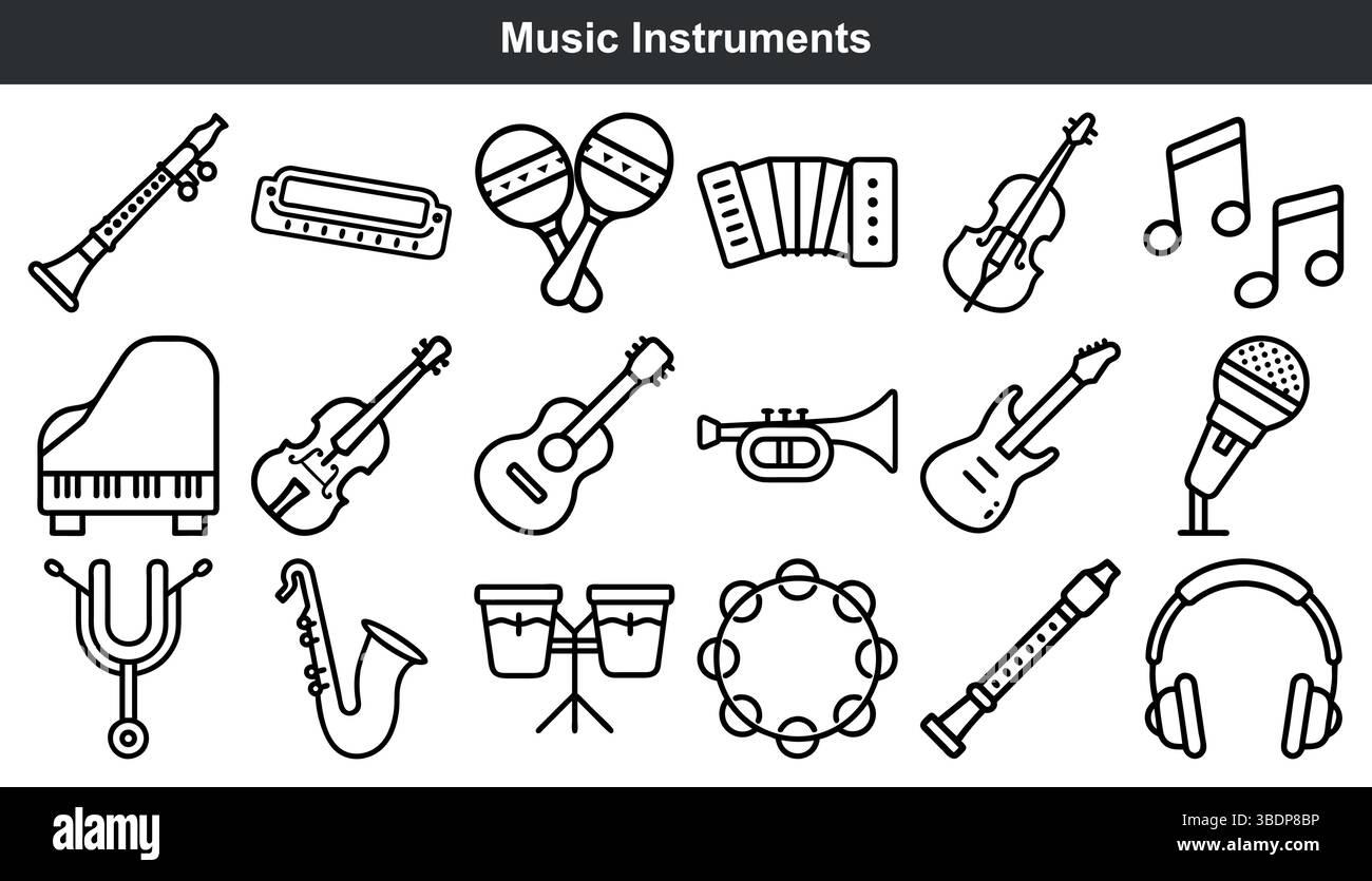 Grafikdesign der Kollektion „Musikinstrumente Line Icons“ Stock Vektor