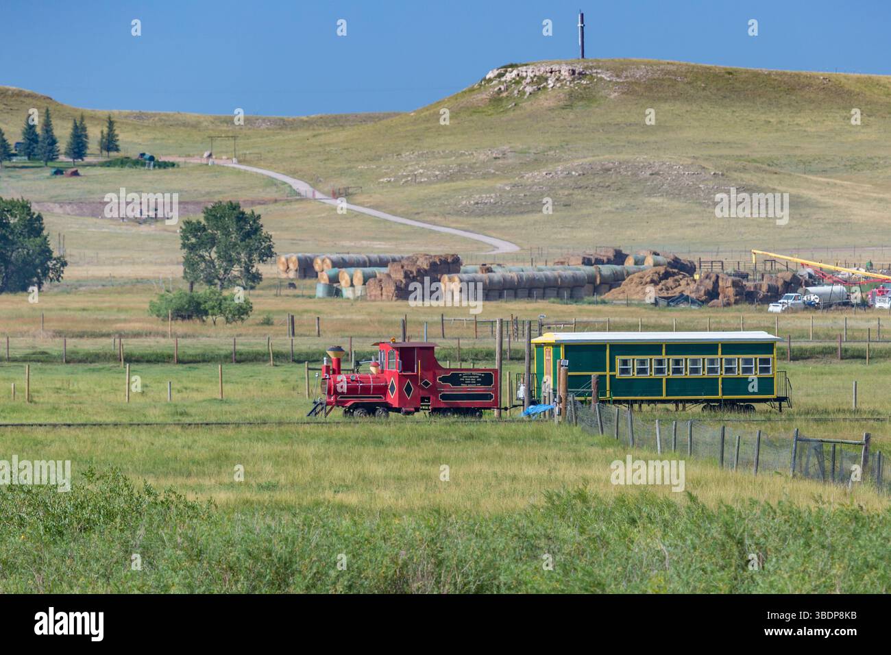 Ein eigens angefertigter Zug bringt Besucher durch die Weide, auf der Bisons auf der Terry Bison Ranch in der Nähe von Cheyenne, Wyoming Stockfoto