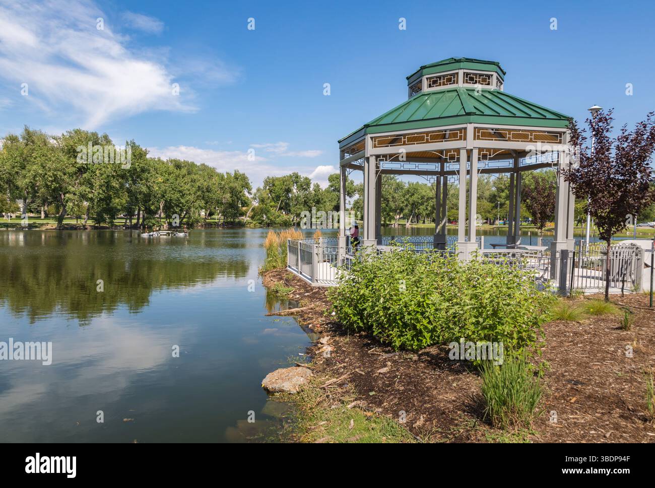 Pavillon neben Lake Minne eh aha im Holiday Park in Cheyenne, Wyoming Stockfoto