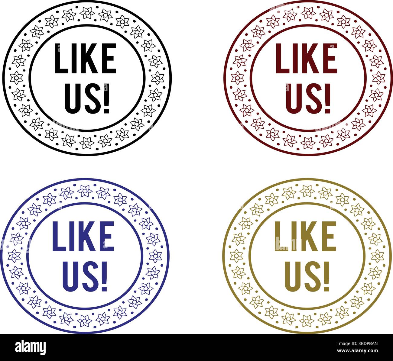 Like US-Abzeichen Symbol, Etikett, Logo, Siegel, Stempel, kreisförmige Vektoretiketten in Rot, Blau, Gold und Schwarz mit Sternrand für Social Media Marketing Stock Vektor