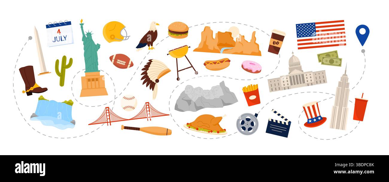 Reisen Sie in die Vereinigten Staaten von Amerika, amerikanische Kulturelemente und berühmte Wahrzeichen, Essen auf Tour in die USA. Freiheitsstatue, Golden Gate Bridge, Capitol und Mount Rushmore Cartoon Vektor Illustration Stock Vektor