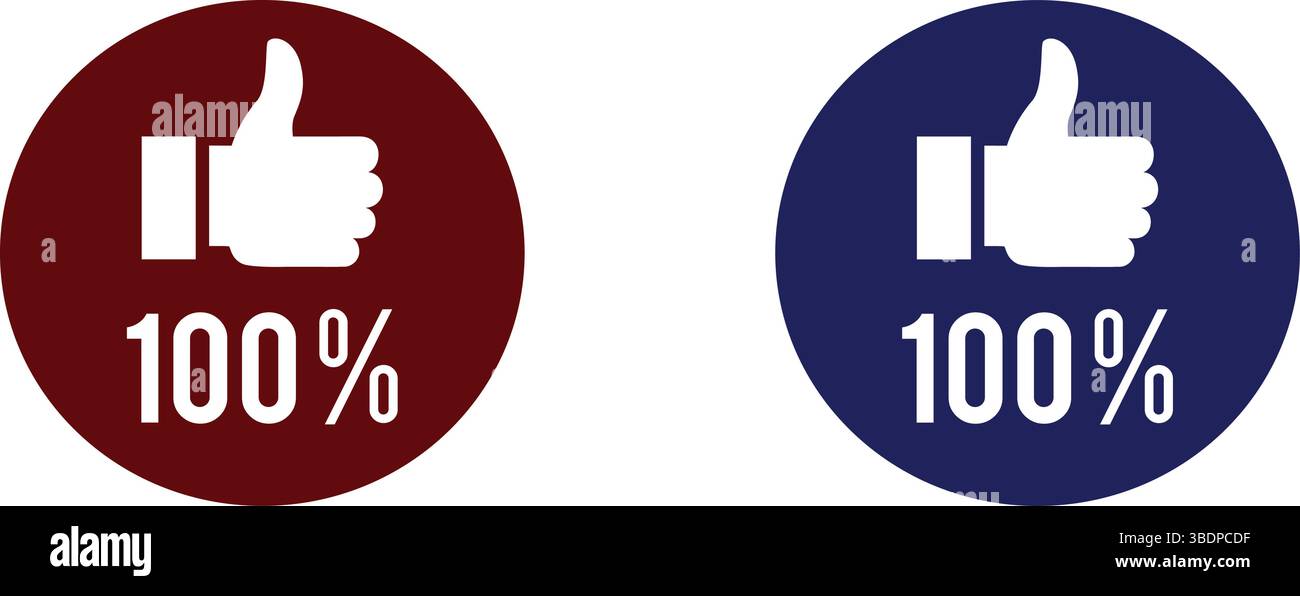 Daumen hoch 100% Abzeichen Symbol, Symbol, Etikett, Abzeichen, Logo, Siegel, Stempel, Schild Blaues und rotes Vektorkreisdesign für Qualitätssicherung und Zulassung Stock Vektor