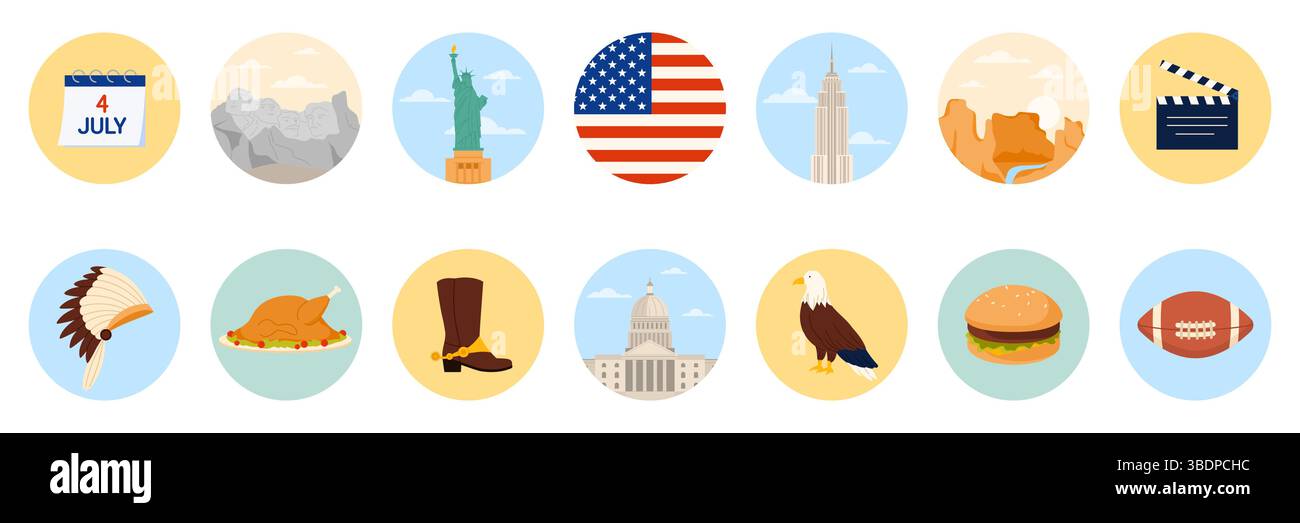 Reisen Sie in die Vereinigten Staaten von Amerika mit runden Aufklebern mit Elementen der amerikanischen Kultur, Wahrzeichen und Speisen. Mount Rushmore und Freiheitsstatue, Burger und Cowboy Boot Cartoon Vektor Illustration Stock Vektor