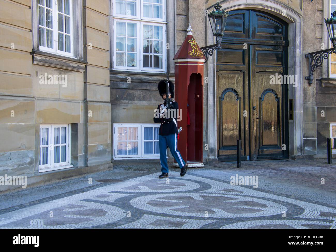 Königliche Leibgarde vor Wachhäuschen am Schloss Amalienborg, Kopenhagen, Dänemark Stockfoto