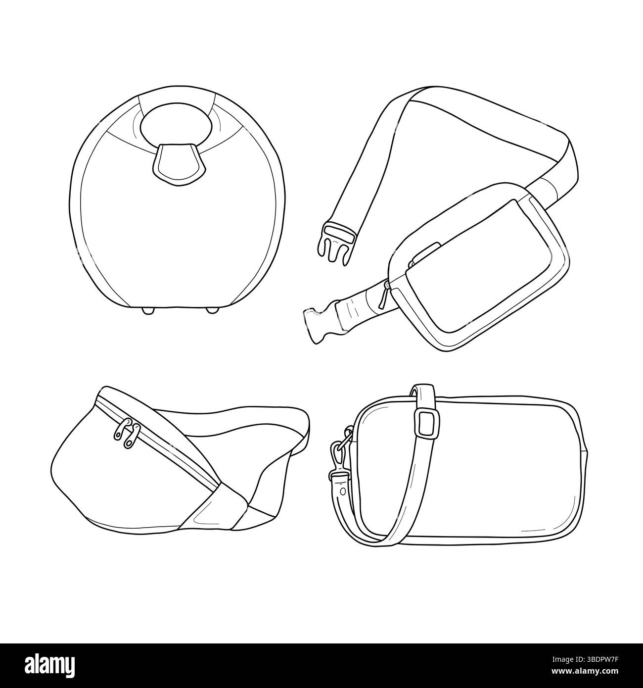Satz von Vektorillustrationen von Taschen für Männer und Frauen. Symbole, Symbole, Abzeichen, lineare Abbildungen von Taschen Stock Vektor