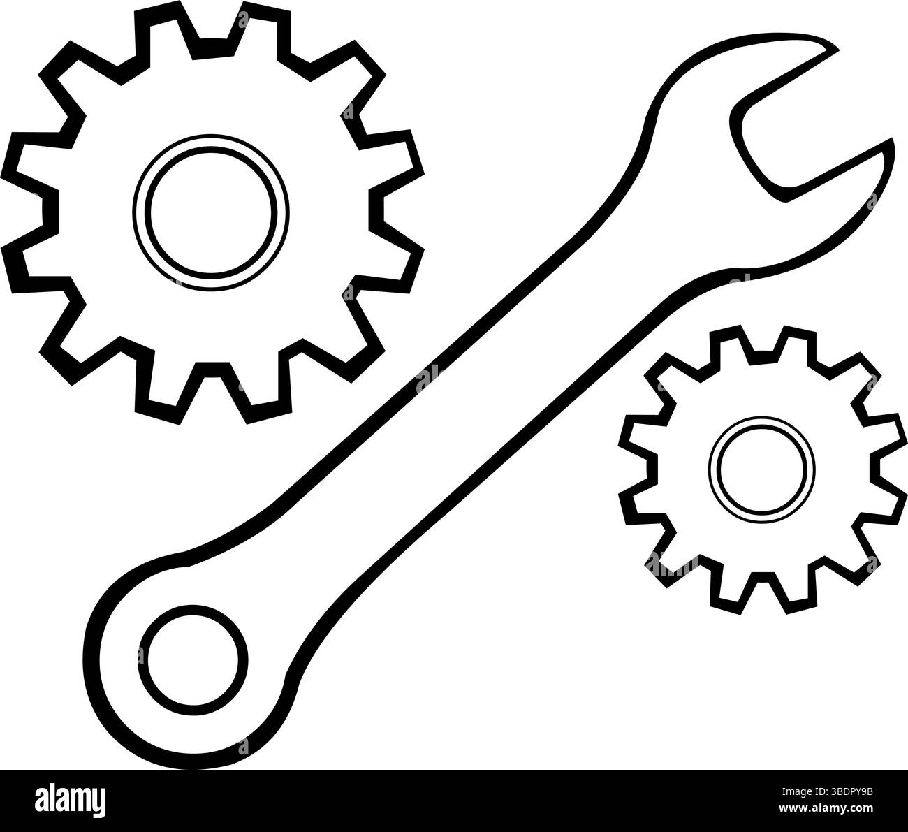 Vektorillustration Zeichnung schwarz-weißes Symbol Mutternschlüssel und Zahnräder im Maschinenbau oder Reparaturkonzept Stock Vektor