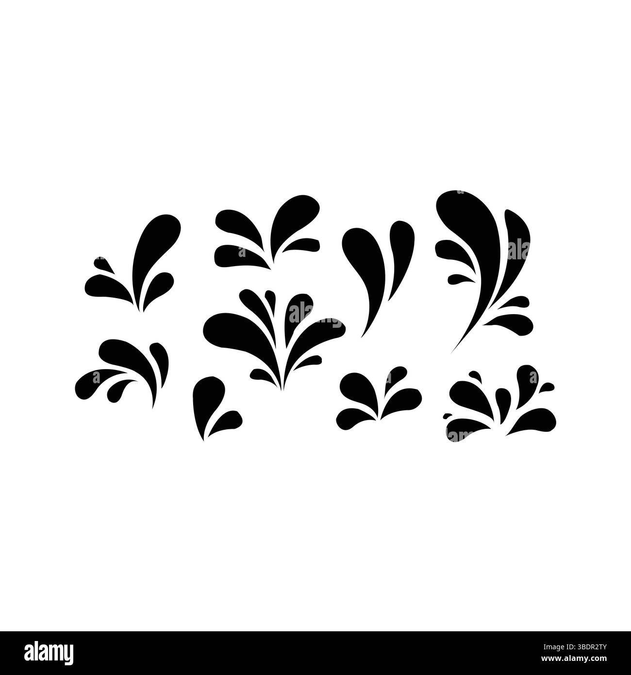 Set aus schwarzen Spritzern Silhouette isoliert auf weißem Hintergrund für grafisches Design und Dekoration. Stock Vektor