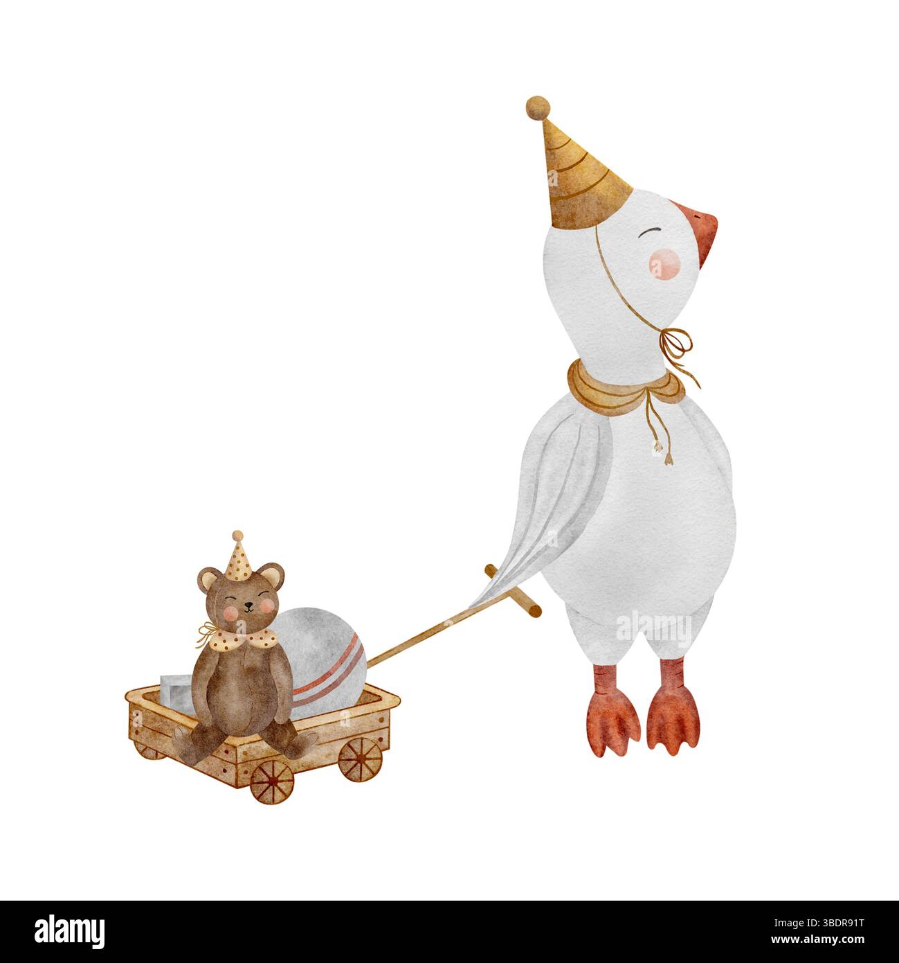 Aquarellgans mit einem Wagen mit Vintage-Spielzeug, Bär, Ball. Handgezeichnete Illustration auf einem isolierten Hintergrund im Kinderstil für die Gestaltung von Stockfoto