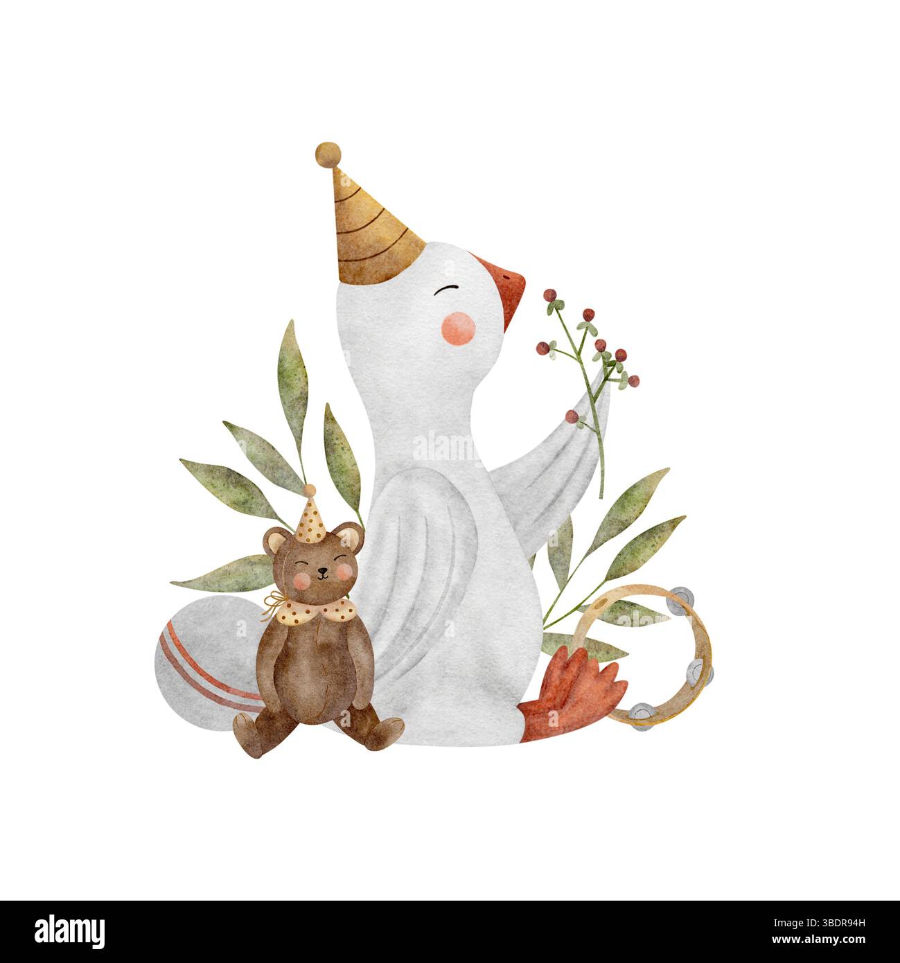 Aquarellbabygans sitzt in grünen Blättern, Beeren in Komposition mit Spielzeug Bären Ball Tambourin. Handgezeichnete Illustration auf isoliertem Hintergrund für Stockfoto