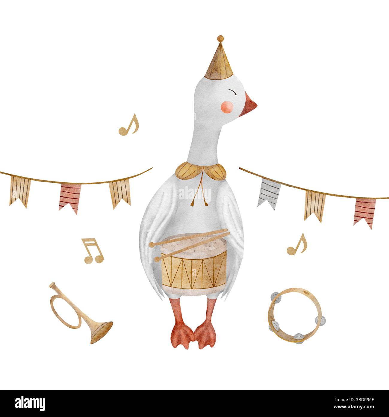 Aquarellgansmusiker halten Trommel, Flaggengirlande, Noten, Musikinstrumente Trompete Tambourin. Handgezeichnete Abbildung auf isoliert Stockfoto