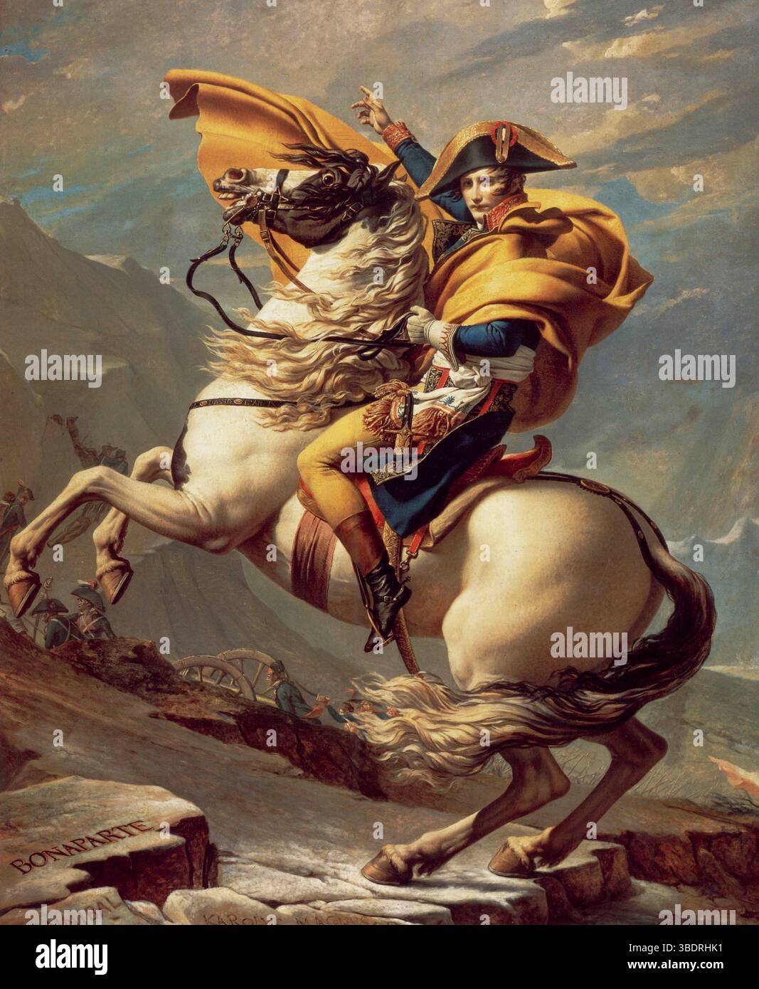 Napoleon Crossing the Alps (auch als Napoleon am Saint-Bernard-Pass oder Bonaparte Crossing the Alps bekannt; gelistet als Le Premier Consul Franchissant les Alpes au Col du Grand Saint-Bernard) ist eine Serie von fünf Ölgemälden von Napoleon Bonaparte, die der französische Künstler Jacques-Louis David zwischen 1801 und 1805 malte. Ursprünglich vom König von Spanien in Auftrag gegeben, zeigt die Komposition einen stark idealisierten Blick auf die wirkliche Überquerung, die Napoleon und seine Armee im Mai 1800 entlang der Alpen durch den Großen Bernhardiner Pass gemacht haben. Es ist zu einem der am häufigsten reproduzierten i geworden Stockfoto Napoleon Crossing the Alps (auch als Napoleon am Saint-Bernard-Pass oder Bonaparte Crossing the Alps bekannt; gelistet als Le Premier Consul Franchissant les Alpes au Col du Grand Saint-Bernard) ist eine Serie von fünf Ölgemälden von Napoleon Bonaparte, die der französische Künstler Jacques-Louis David zwischen 1801 und 1805 malte. Ursprünglich vom König von Spanien in Auftrag gegeben, zeigt die Komposition einen stark idealisierten Blick auf die wirkliche Überquerung, die Napoleon und seine Armee im Mai 1800 entlang der Alpen durch den Großen Bernhardiner Pass gemacht haben. Es ist zu einem der am häufigsten reproduzierten i geworden Stockfoto