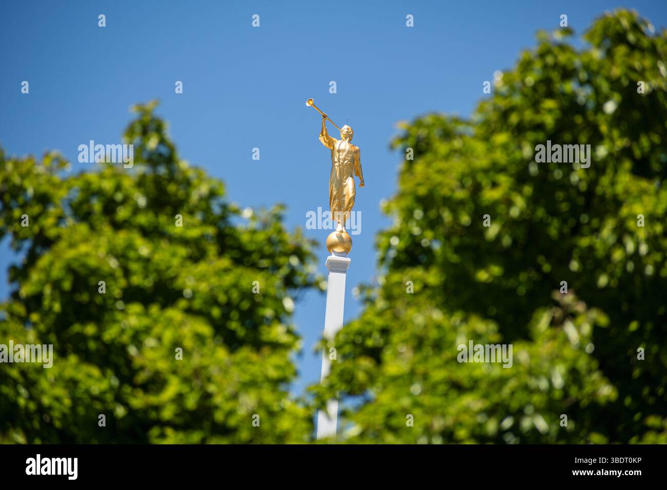 American Fork, UT, USA – 24. Mai 2025: Angel Moroni auf dem Mount Timpanogos Utah Temple symbolisiert den Glauben und die HLT-Kirche. Stockfoto