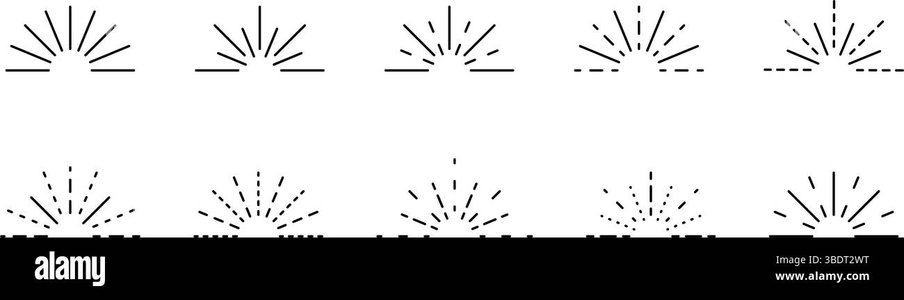 Set von Sonnensymbolen in Halbkreisformen. Feuerwerk-Symbole. Starburst, Sonnenaufgang oder Sonnenuntergang Schilder isoliert auf weißem Hintergrund. Piktogramme für Licht, Burst, Blitz oder Strahlungsstärke. Vektorgrafik. Stock Vektor