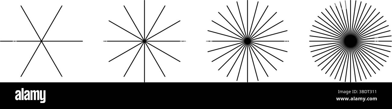 Gerade radiale Linien. Set von Sonnenstrahlen-Symbolen auf weißem Hintergrund. Symbole für Strahlkraft, Energie, Explosion oder Feuerwerk. Vektorgrafik. Stock Vektor