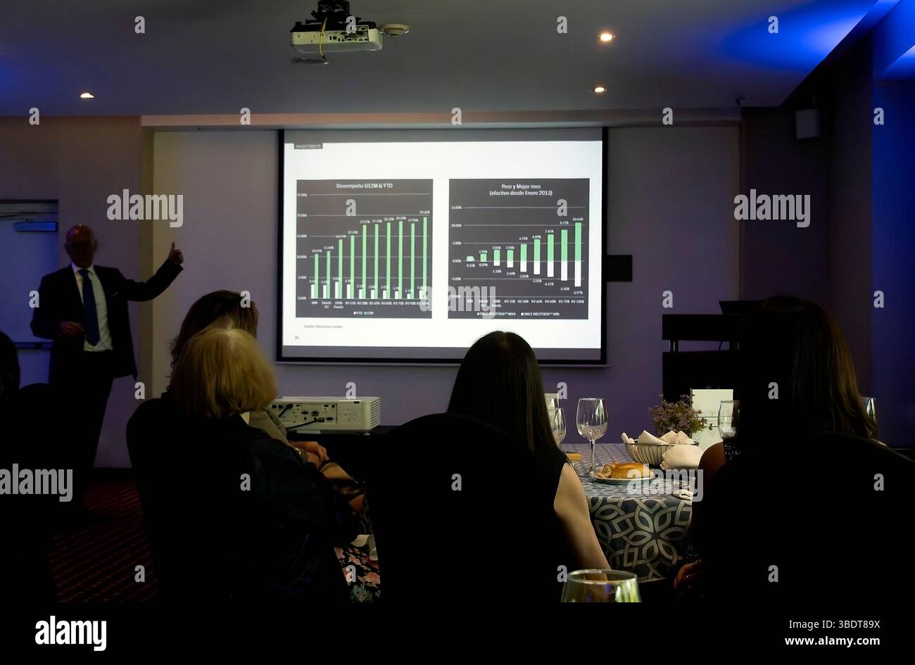 PowerPoint-Präsentation beim Geschäftsfrühstück Stockfoto