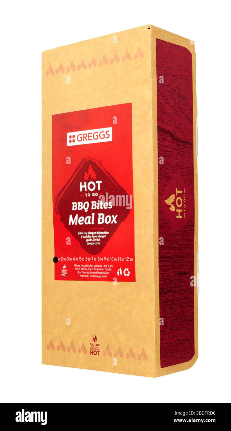 Greggs Hot To Go BBQ Bits Mahl Box, südliche Kartoffelscheiben und scharfes Hühnchen mit BBQ-Geschmack Stockfoto
