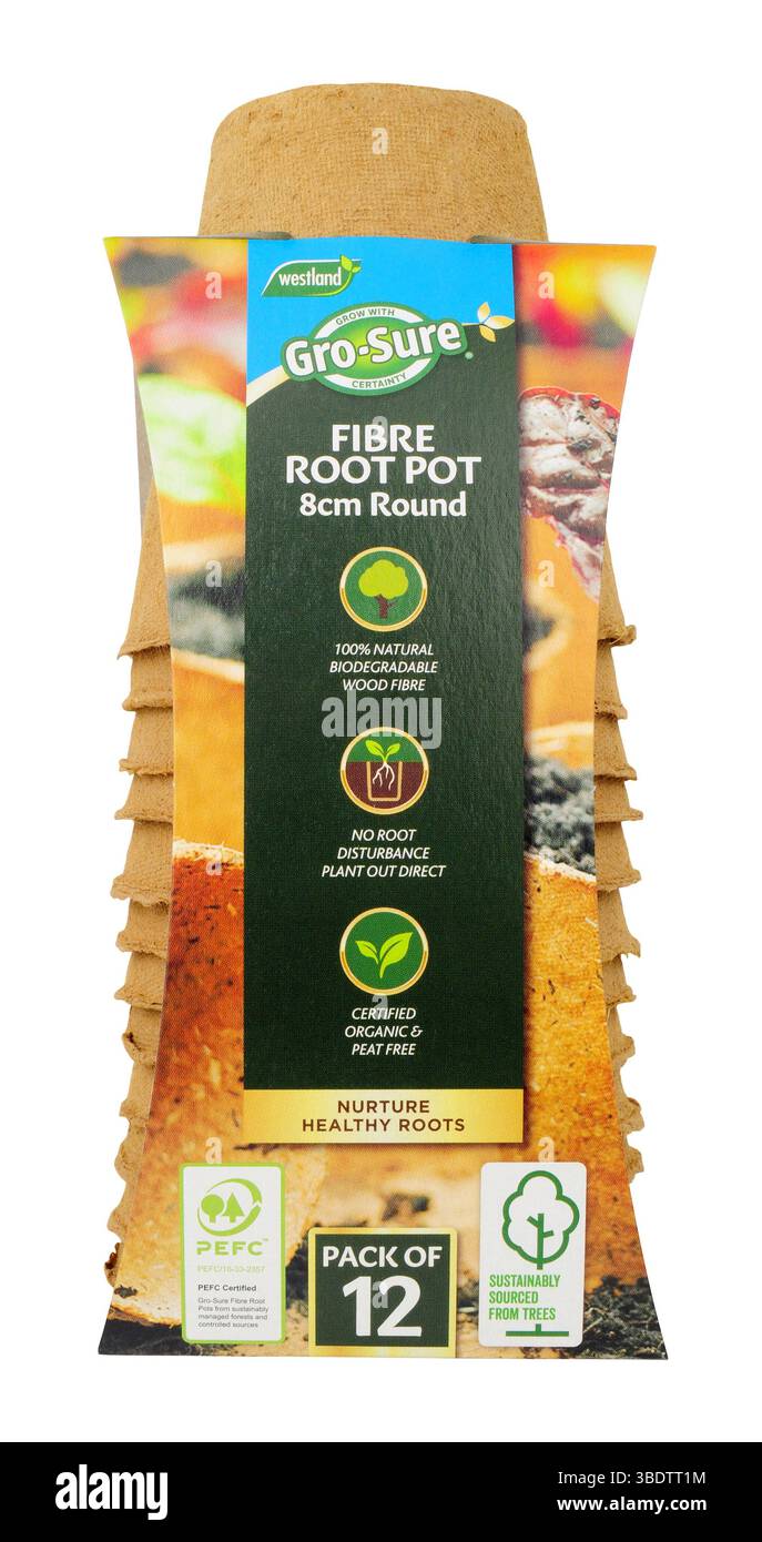 Westland gro Sure Pflanzentöpfe aus Naturfaser in einer Packung mit 12, 8 cm runden Topf Stockfoto