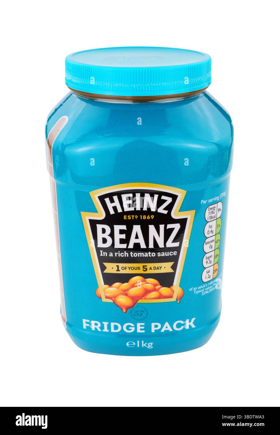 Heinz gebackene Bohnen und Tomatensauce in einem 1 kg schweren wiederverschließbaren Kühlschrank mit fünf empfohlenen Portionen Stockfoto