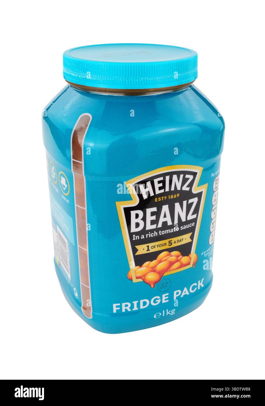 Heinz gebackene Bohnen und Tomatensauce in einem 1 kg schweren wiederverschließbaren Kühlschrank mit fünf empfohlenen Portionen Stockfoto