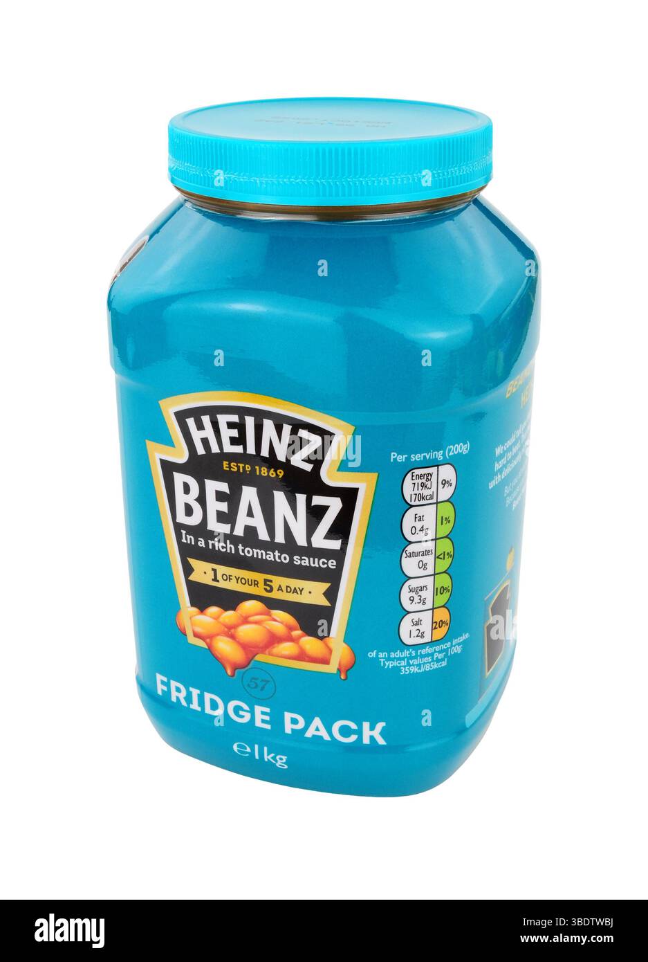 Heinz gebackene Bohnen und Tomatensauce in einem 1 kg schweren wiederverschließbaren Kühlschrank mit fünf empfohlenen Portionen Stockfoto