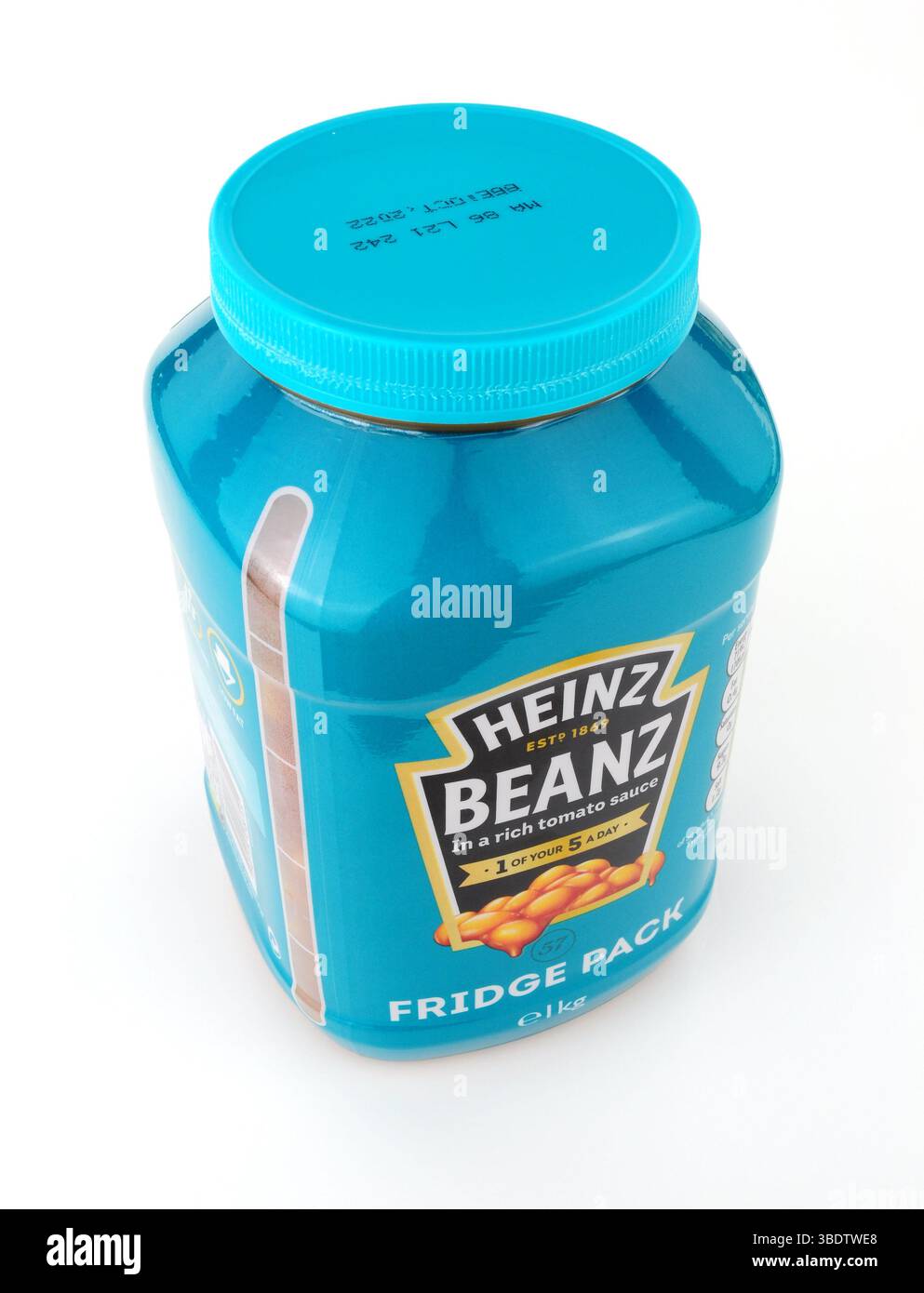 Heinz gebackene Bohnen und Tomatensauce in einem 1 kg schweren wiederverschließbaren Kühlschrank mit fünf empfohlenen Portionen Stockfoto