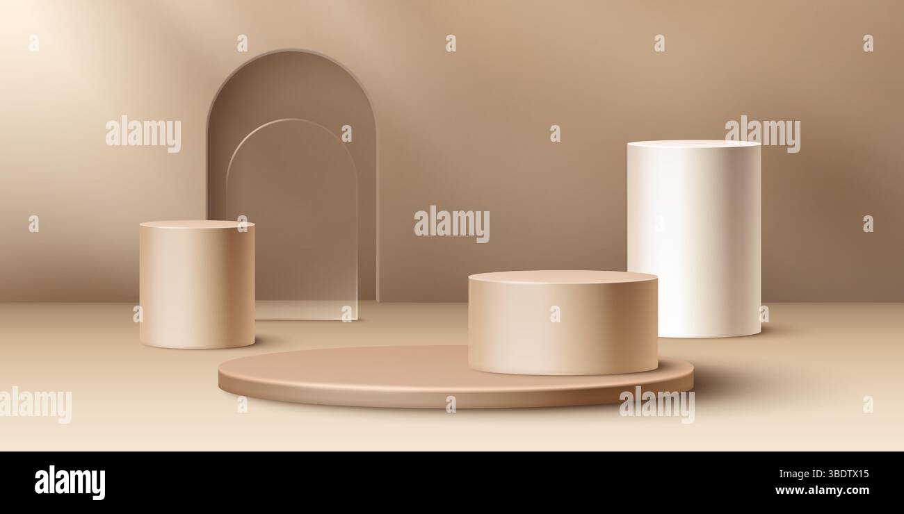 Beige runde Podeste in verschiedenen Größen mit Glasbogen - zylindrische Ständer oder Sockel zur Produktpräsentation. Minimalistische geometrische Formen, einfarbige Farben. 3D Pastellfarben mit natürlichem Licht und Schatten. Stock Vektor Beige runde Podeste in verschiedenen Größen mit Glasbogen - zylindrische Ständer oder Sockel zur Produktpräsentation. Minimalistische geometrische Formen, einfarbige Farben. 3D Pastellfarben mit natürlichem Licht und Schatten. Stock Vektor