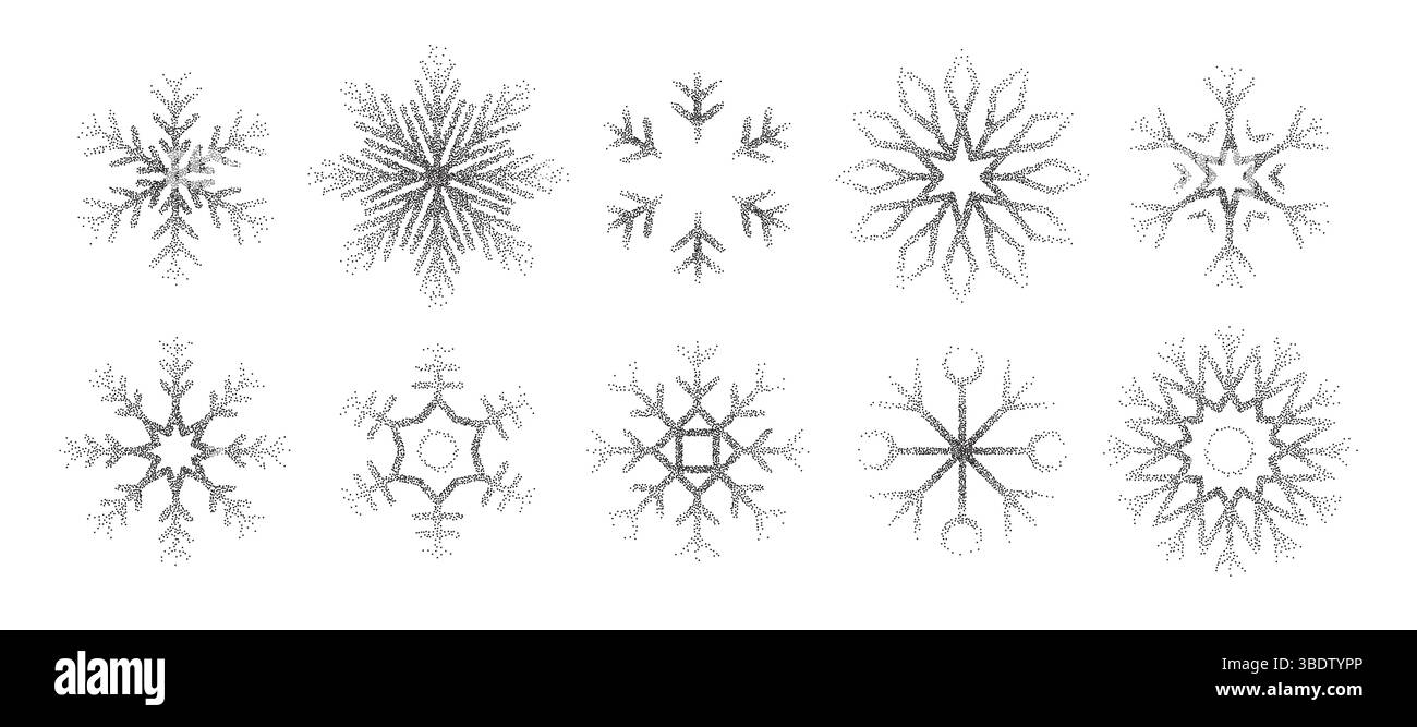 Trendige Vintage Stipple Dots Schneeflocken Kollektion. Niedliches Set aus gepunkteten Eisformen. Symbole für Weihnachten oder Neujahr mit Verlaufsverlauf Stock Vektor