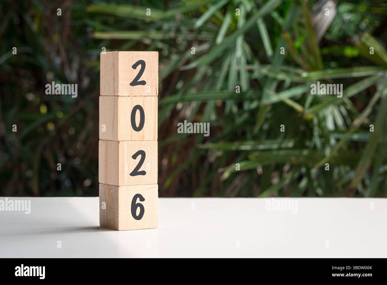2026 auf gestapelten quadratischen Blöcken auf weißer Oberfläche mit Palmblättern. Neujahrskonzept. Stockfoto