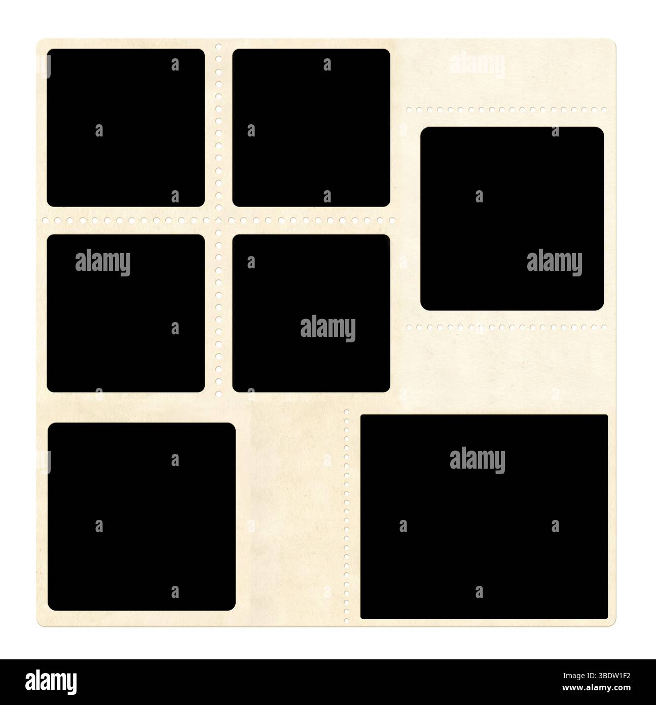 Vorlage von Retro-Bildern mit perforierten Kanten. Moodboard Pictures Albumraster für Scrapbooking. Mood Board-Layout im Vintage-Stil. Isoliert auf weiß Stockfoto