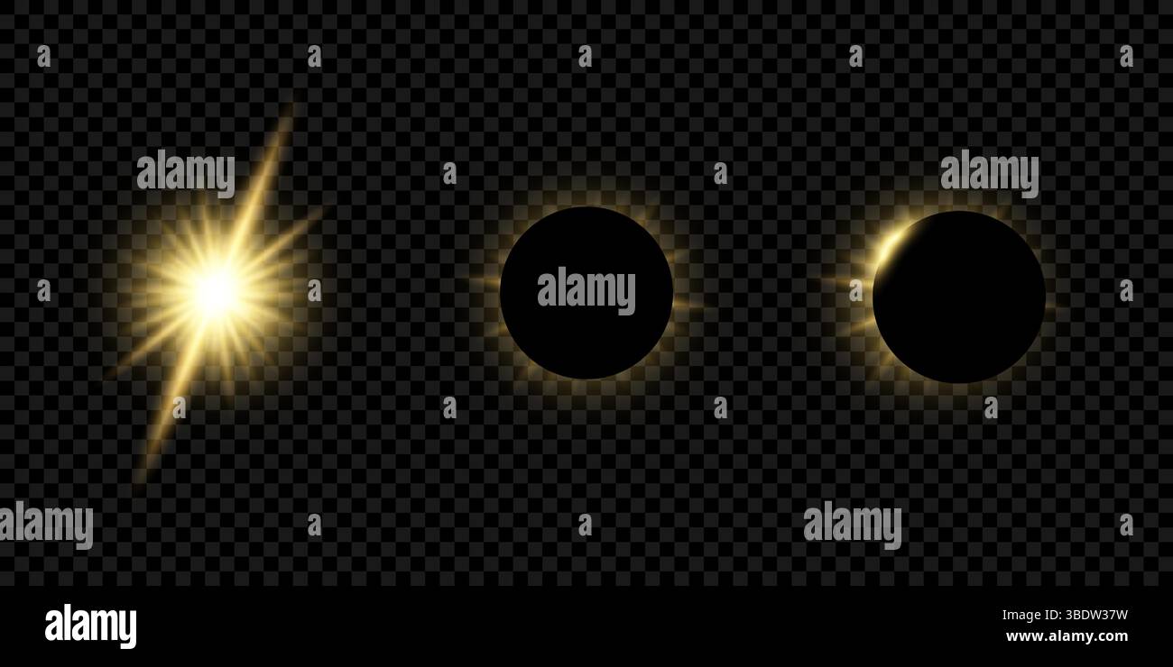 Realistische Sonnenfinsternis mit verschiedenen Phasen mit glühender Sonne und transparentem Hintergrund, perfekt für Astronomie- und Weltraumprojekte Stock Vektor