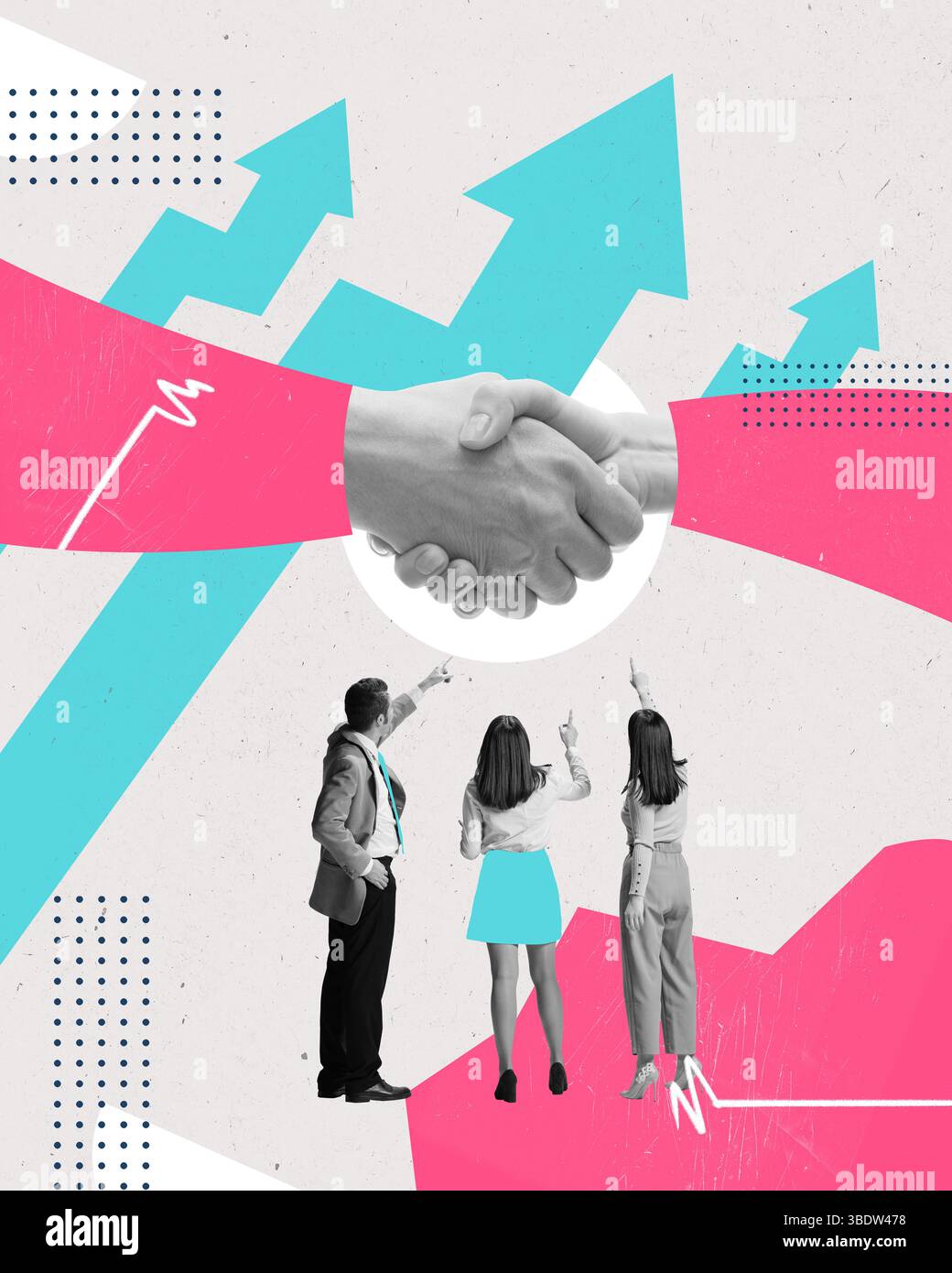 Kreatives Kunstdesign. Handschlag mit aufsteigenden Diagrammpfeilen im Hintergrund, die Geschäftswachstum und strategischen Erfolg symbolisieren. Stockfoto