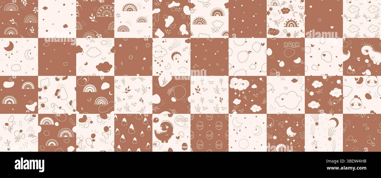 Ein großer Rucksack mit nahtlosen Kawaii-Mustern für Kinder, gezeichnet in neutralen Pastellfarben, mit Dinosauriern, Bergen, Herzen, Regenbögen, Monden und Farbflecken. Stock Vektor
