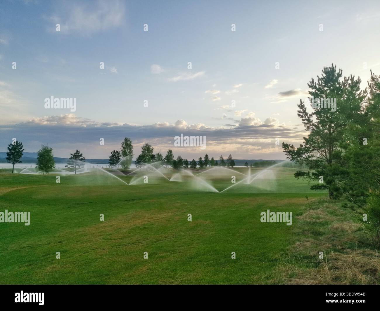 Bewässerungssprinkler auf dem Golfplatz Stockfoto