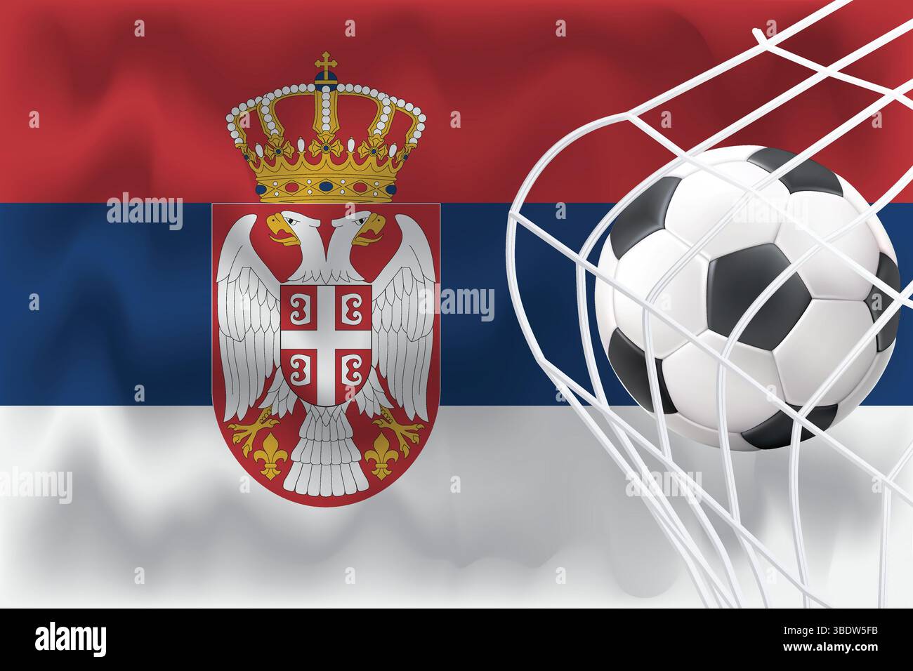 Editierbare serbische Flagge in 3D mit Fußball und Netz. Perfekt für Sportposten, Promos zum Spieltag und Grafiken zur Weltmeisterschaft. Ideal für Banner und Anzeigen. Stock Vektor