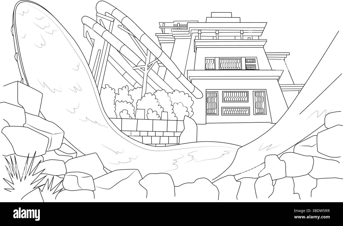 Schwarz-weiße Strichgrafik des Aquaventure Wasserparks in Dubai. Zur Ausstattung gehören ein großer Wasserrutschturm, eine geschwungene Rutsche, Felsen und Bushe Stock Vektor